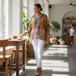 Chico's V Neck Kaftan Tunic Top Multi Color Ikat Print Sheer Kimono Sleeve S M Photo 1