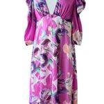 PATBO Grace Floral Dress Satin Puff Sleeve Midi Button Down Influencer US 6 Pink Photo 0