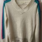 Ultra Flirt  White V-Neck Sweater with Colorful Sleeve Stripes Photo 0
