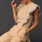 Anthropologie By  Beige Ribbed Knit Sleeveless Tank Top Cap Sleeve Size L Photo 0