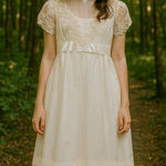 Vintage 1940s Ivory Organza Wedding Dress Appliqué Lace Antique Wedding Photo 1