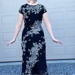 Vintage 90s Floral Appliqué Sequin Embellished Short Sleeve Mid Dress 6 Black Photo 1