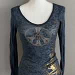 V Christina Y2K Burnout Long Sleeve Top Sz S Rhinestone Peace Sign Graphic Tee Blue Photo 0