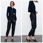 ZARA Black Faux Leather Joggers Pants Womens Size Small Scrunch Waist Pull On Photo 2