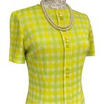 Vintage 60s Mod Sheath Dress Neon Yellow Gingham Check Short Sleeve, M/L Fit Size undefined Photo 3