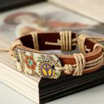 1pc Hemp Rope‎ Braided Cowhide Faux Leather Bracelet Brown Photo 1