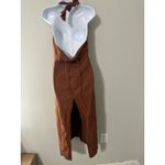 ZARA  Halter Neck Linen Blend Midi Dress Brown Back Lace-Up Back Slit Size L Photo 5