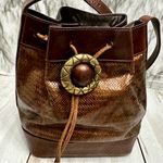 Susan Gail Brown Leather Drawstring Bucket Bag Shimmer Bronze Snakeskin Vintage Photo 0