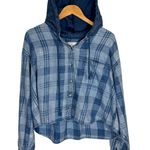 American Eagle Womens Cropped Flannel Button Down Sz XL Hooded Distressed Photo 0