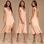 Lulus  Cause to Celebrate Mauve Silver Metallic Ruffle Tiered Midi Dress Photo 1