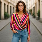 NYGARD Stripe Multicolor Long Sleeve Blouse Red Pink Yellow Size Large Photo 4