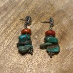 Sterling Silver Turquoise & Coral Stone 925 Dangle Earrings Photo 2