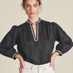 Trovata Birds of Paradise Women’s Small Bailey Linen Blouse Black Long Sleeve Photo 0