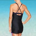 Athleta NWT Women Black & Purple Sara Swim Dress Ruched Overlay Size 34 B/C Tall Photo 2