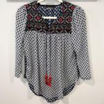 Ezra Boho Embroidered Tassel Blouse Navy White XS Photo 0