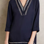 Dolan Anthropologie Top Blouse Embroidered Dark Blue 3/4 Sleeves V Photo 0