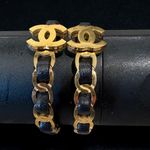 CC Gold and Black Leather Chain Hoop Earrings Photo 2