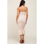 Mable Smocked Midi Dress Small Beige Floral Tie Shoulder Cutout Ruffle Hem Tan Photo 2