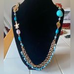 Gold toned necklace with teal beads and starfish, shell and seahorse cha… Blue Photo 0
