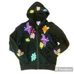 Embroidered Birds Floral Artisanal Zip Up Hoodie size Medium Black Photo 0