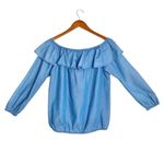 Michael Kors  Off-Shoulder Long Sleeve Ruffle Peasant Blue Chambray Denim Top Photo 2