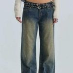 The Kript  Blue Faded Denim Distressed Wide Leg Baggy Crassy Jeans Women's Small Photo 0