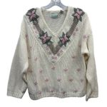 Vintage‎ Shenanigans Women's Hand Knitted Floral Embroidered V Neck Sweater M Pink Size M Photo 0