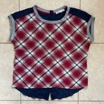 Jolt Plaid Cap Sleeve Contrast Button Back Top in Red/White/Navy/Gray - Medium Photo 0