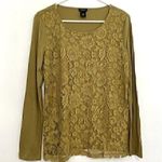 Ann Taylor Factory Split Pea Green Floral Lace Overlay Front Long Sleeve Tee Top Photo 0