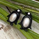 Vintage Faux Pearl Belly Penguin Earrings Black Photo 0