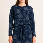 Loft Jacquard Skirt and Sweater Set Textured Dark Blue Floral Cotton blend Sz L Photo 0
