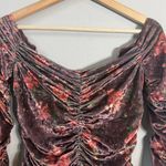 Free People  Reina Floral Velvet Off the Shoulder Top Women's Small Brown Ruched Photo 6