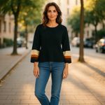 CLICHÉ Navy Wool Blend Sweater Small | Trendy Pleated Bell Sleeve Pullover Blue Photo 12