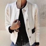 ZARA  Tweed Weave Blazer Jacket W/ Bejeweled Buttons White NEW Photo 1