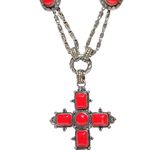 Red Silver Tone Chunky Cross Rose Charms Double Chain Necklace 22" Unsigned Photo 3
