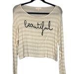 Maronie Cream Oatmeal Striped Long Sleeve Lightweight Cropped Top Women Sz L Size L Photo 0