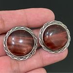 Unique Vintage  STERLING Signed Red Tiger Eye Large Cabochon Clip-On Earrings 15g Photo 9