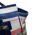 Coach Stripe Canvas & Navy Leather Satchel Tote – Tassel Bag Zip Pocket – Large Photo 6