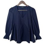 Tuckernuck Pomander Place Easton Blouse Navy Puff Sleeve V-Neck Peplum XS Photo 2