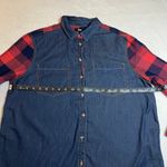 BDG Women's Mixed Media Plaid Flannel Denim Button Up Shirt Size Large Casual Photo 5
