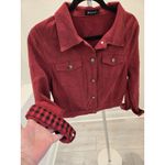 Allegra K  Size XL Cropped Denim Jacket Maroon Buffalo Plaid Cuff Retro Trucker Photo 2