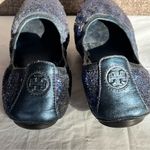 Tory Burch Blue Sparkle Ballet Flats Womens Size 7.5 Leather Sole Slip On Logo Photo 2