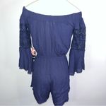 Blush HINT OF  Navy Blue Floral Crochet Off The Shoulder Romper Small NWT Photo 7