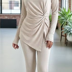 SheIn  Ribbed Knit Lounge Set Twist Front Top Leggings Cream Casual Athleisure Photo 0