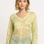 Ann Taylor Blouse Women’s Sz 6 Light Yellow Embroidered Top Semi Sheer V Neck Photo 0