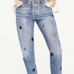 ZARA  High Rise Button Fly Straight Distressed Gem Bedazzled Raw Hem Denim Jeans Photo 0