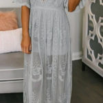 Pink Lily  Maxi Dress Lace Grey Off White‎ Boho Sheer Short Sleeve Deep V-Neck S Photo 0