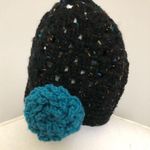 Beanie Hat Crocheted Flower Floral Confetti Speckled Handmade Black Blue Photo 2