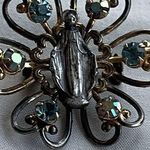 Vintage Virgin Mary Brooch Silver Tone Pin Blue Rhinestones Catholic Religious Photo 0