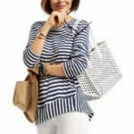 CAbi  navy & white long sleeve asymmetrical Top XS Photo 0